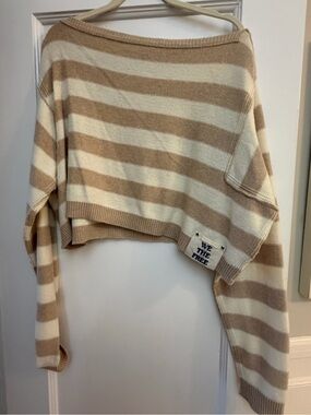Free People Striped Crop Sweater in Cream and Tan - Size S